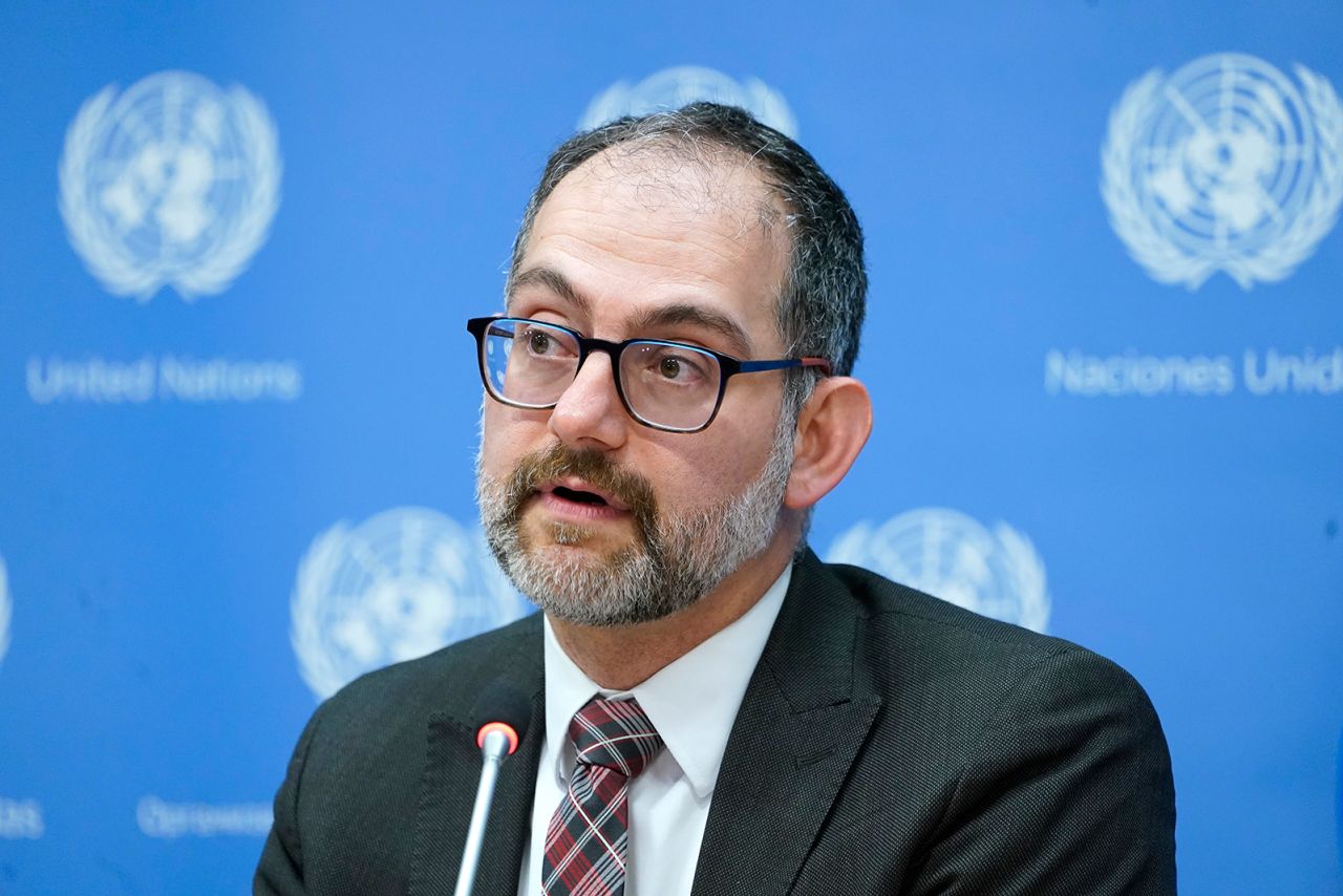 Michael Fakhri speaks to the press at the United Nations Headquarters in New York on October 28, 2022.