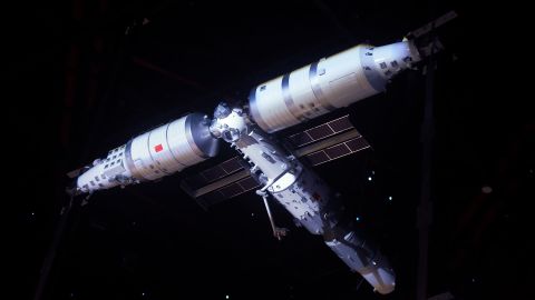 A model of China's Tiangong-1 space station, at the Shanghai Astronomy Museum in Shanghai, China, in 2021.