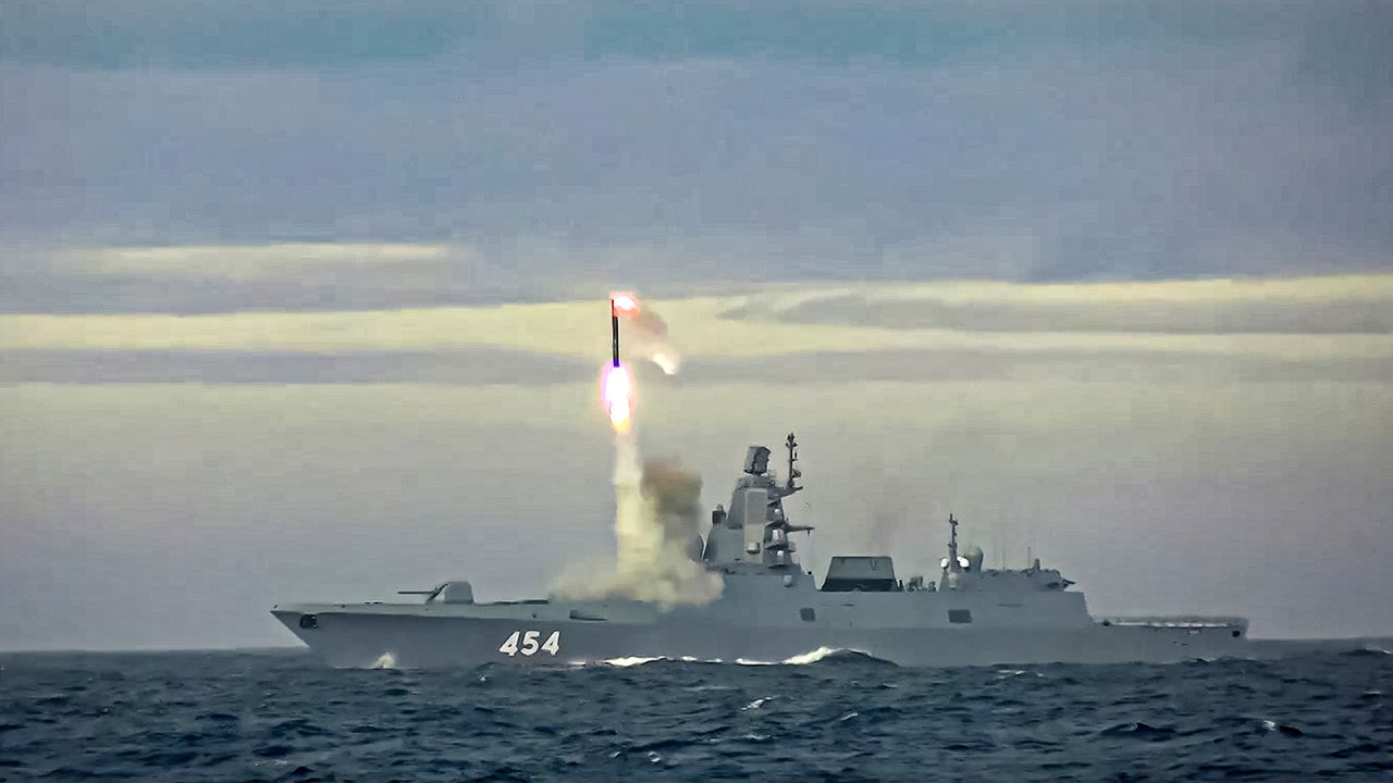 In this image taken from video released by Russian Defense Ministry Press Service on May 28, 2022, a new Zircon hypersonic cruise missile is launched by the frigate named "Admiral of the Fleet of the Soviet Union Gorshkov" of the Russian navy from the Barents Sea.