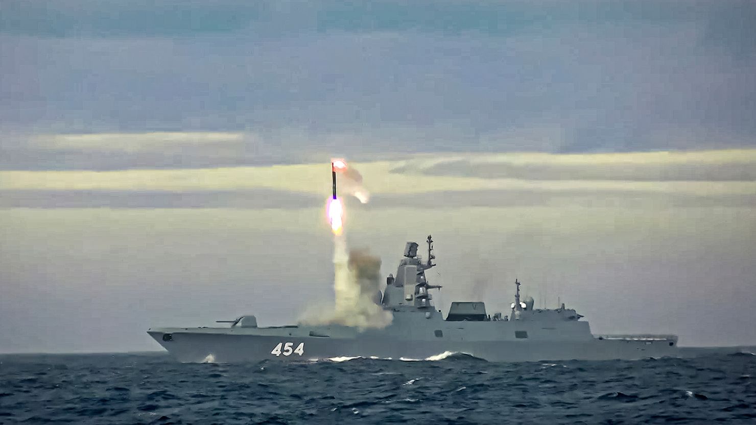 In this image taken from video released by Russian Defense Ministry in 2022, a Zircon hypersonic cruise missile is launched by a Russian navy frigate from the Barents Sea.