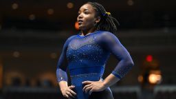Naimah Muhammad from Fisk University looks into the crowd before her routine on the floor exercise during the competition held at Orleans Arena in Las Vegas, Nevada, January 6, 2023.