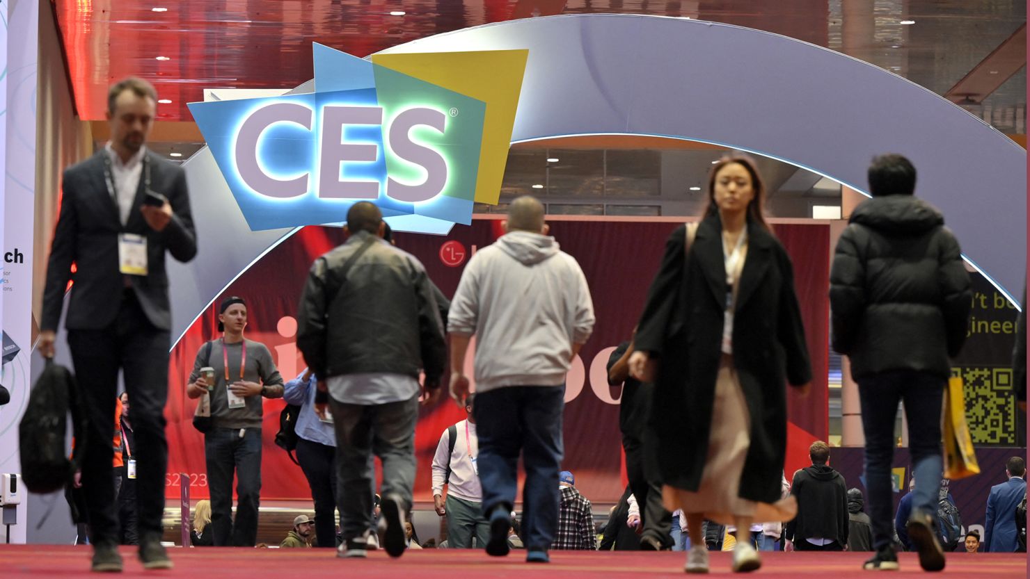 Attendees arrive for the opening of CES 2023 at the Las Vegas Convention Center on January 5, 2023.