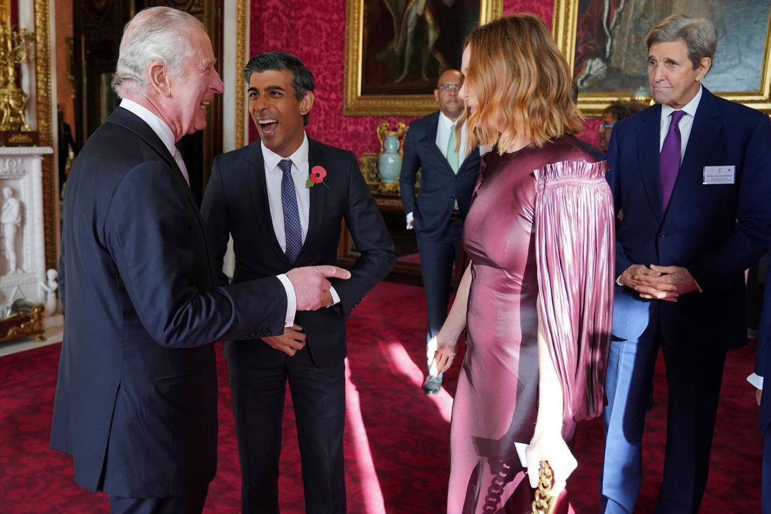 King Charles III (left) speaks with, Prime Minister Rishi Sunak, Stella McCartney and US Special Presidential Envoy for Climate John Kerry (right), during a reception at Buckingham Palace ahead of last year's UN climate change summit.