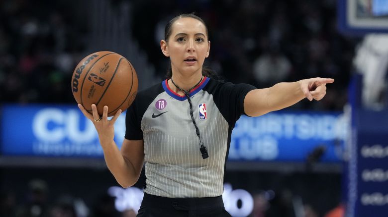 Referee Ashley Moyer-Gleich signals during the second half of an NBA basketball game between the Detroit Pistons and the Boston Celtics, Monday, Feb. 6, 2023, in Detroit. (AP Photo/Carlos Osorio)