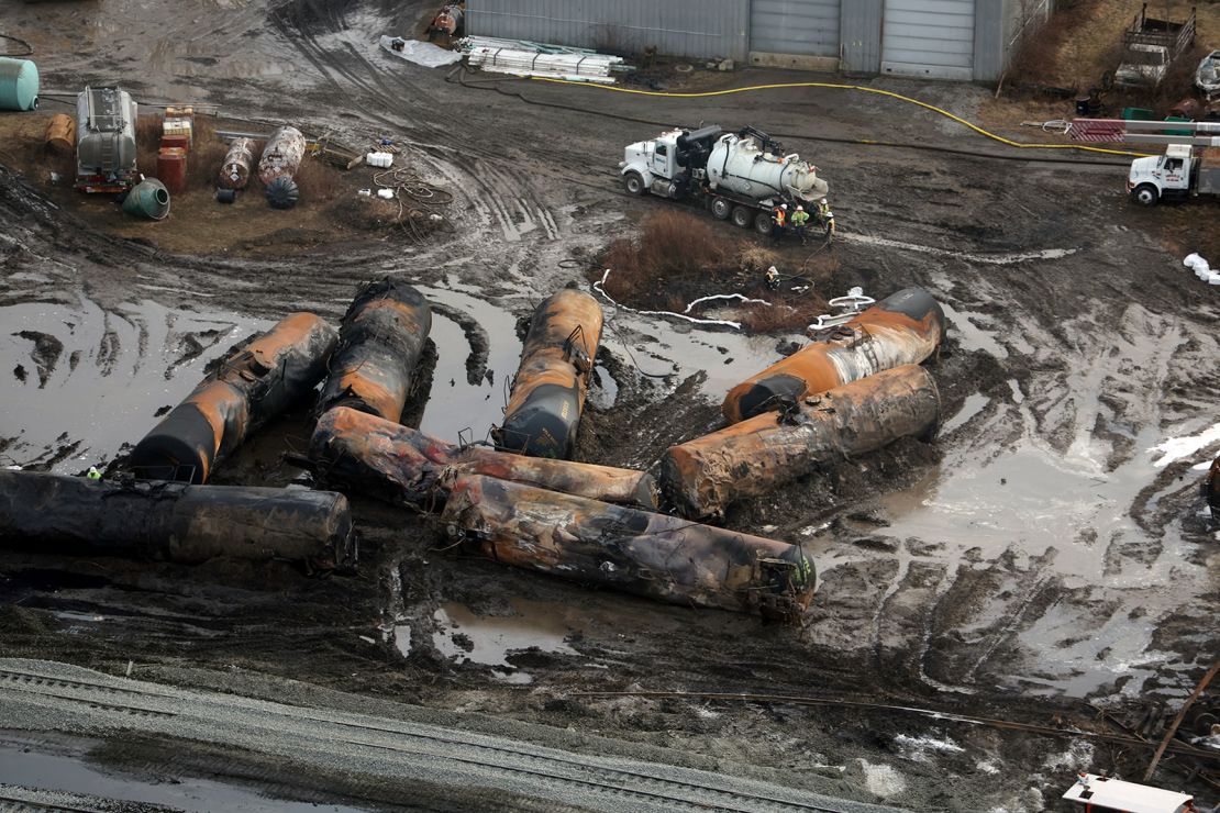 Aerial view of a train cars that had carried vinyl chloride taken two days after a controlled burn of the toxic chemicals in the tanks. NTSB Chair Jennifer Homendy testified at a Senate committee Wednesday that the controlled burn was not scientifically necessary.