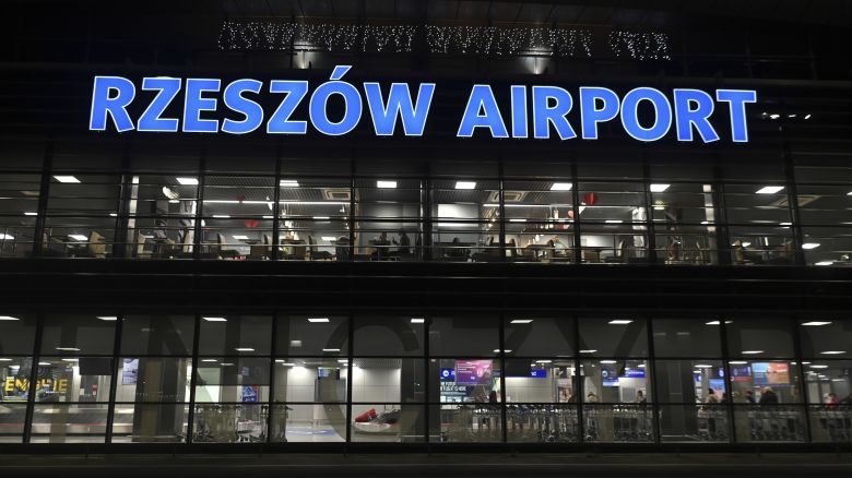 JASIONKA, POLAND - FEBRUARY 10: Night view of the Terminal building at the Rzeszow-Jasionka International Airport, in Jasionka, Poland, on February 10, 2023. In January, 57,500 passengers were checked in at the airport in Jasionka, which is a better result than the best result so far in January 2019. The largest number of passengers used Ryanair airline (27,000). (Photo by Artur Widak/NurPhoto via AP)