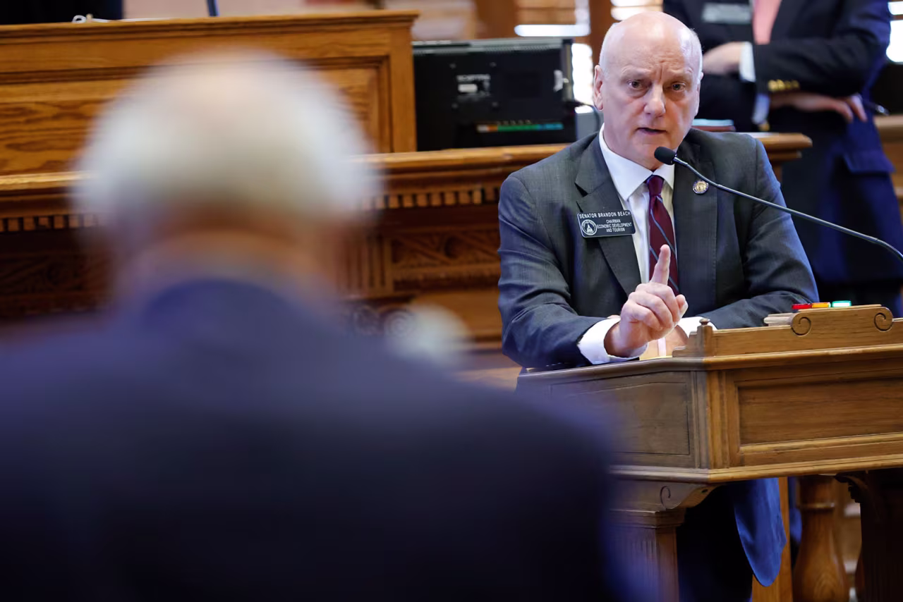 Sen. Brandon Beach speaks in the Senate chambers at the Georgia State Capitol on March 6, 2023, in Atlanta.