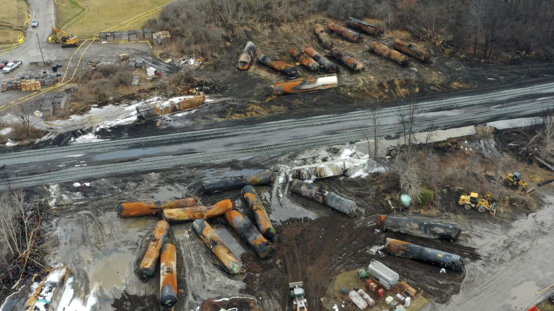 This photo taken with a drone shows the cleanup of portions of a Norfolk Southern freight train that derailed in East Palestine, Ohio, in 2023.