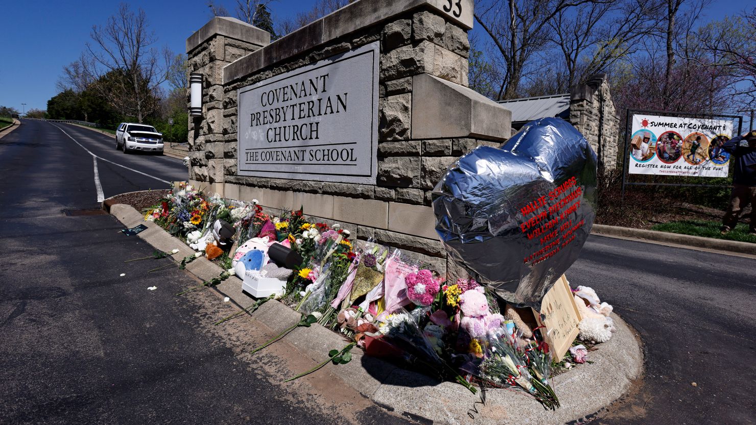 A makeshift memorial was assembled at the school where six people were killed by an assailant wielding an assault rifle in March 2023.