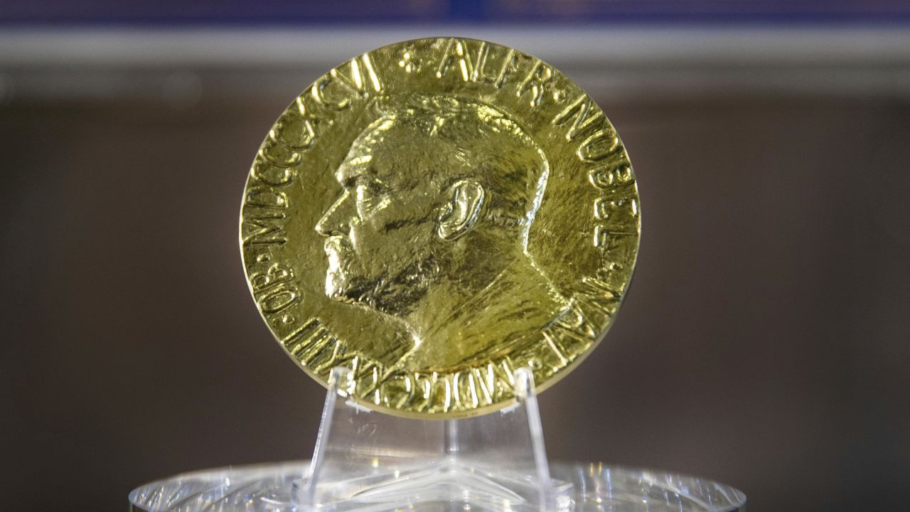 1998 Nobel Peace Prize medal awarded to the late John Hume, on display in Derry's Guildhall.The prize was jointly awarded to John and Sir David Trimble for their role in the Northern Ireland peace process. (Press Association via AP Images)