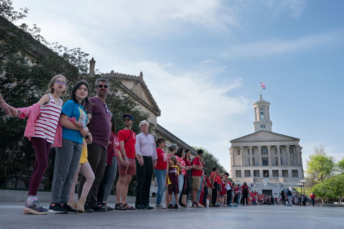 More than 10,000 people formed a human chain three miles long in March 2023 to advocate for gun safety reform.