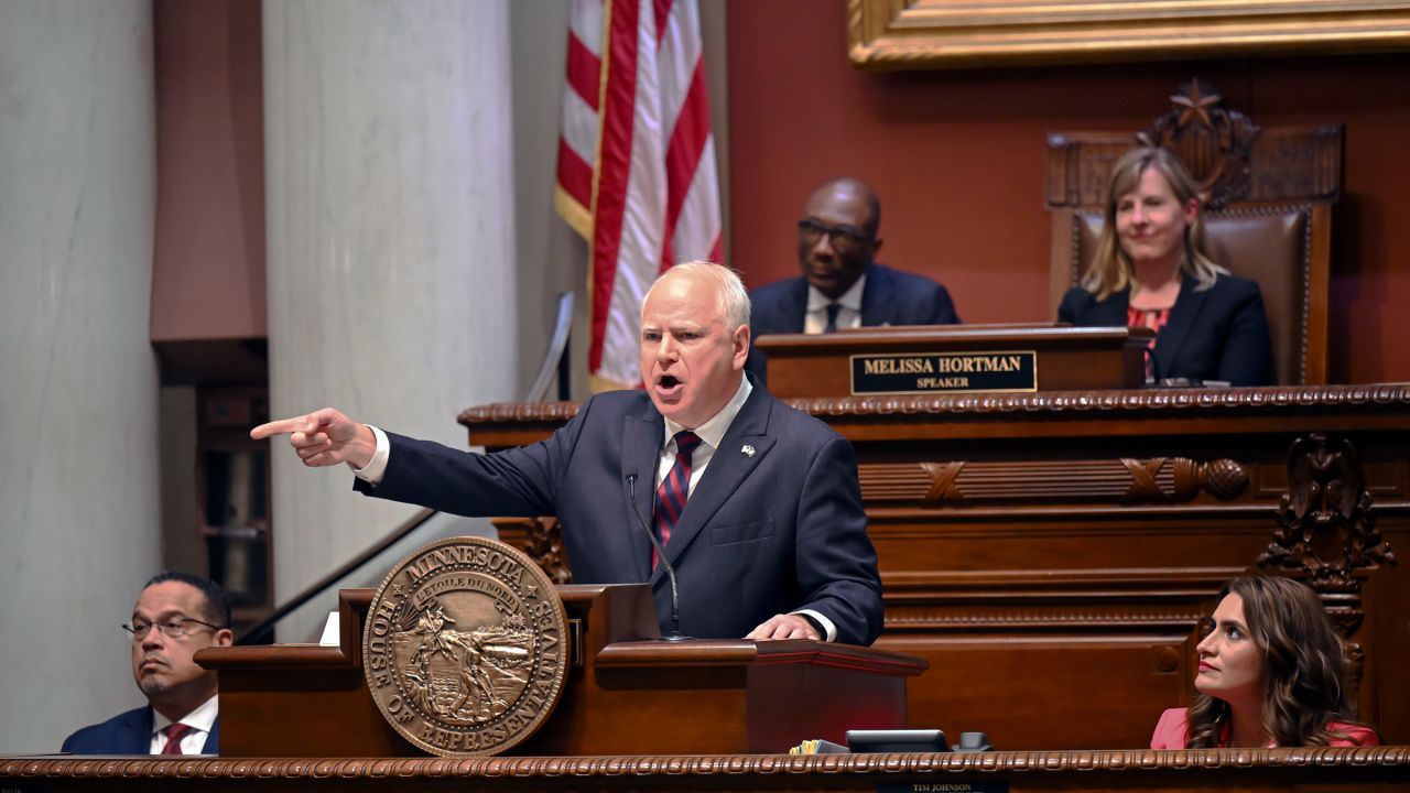 Minnesota Gov. Tim Walz speaks during the State of the State address in the house chambers of the Minnesota State Capitol in St. Paul, Minnesota on April 19, 2023.