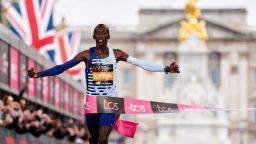 Kelvin Kiptum celebrates winning the Men's elite race during the TCS London Marathon on Sunday April 23, 2023.
