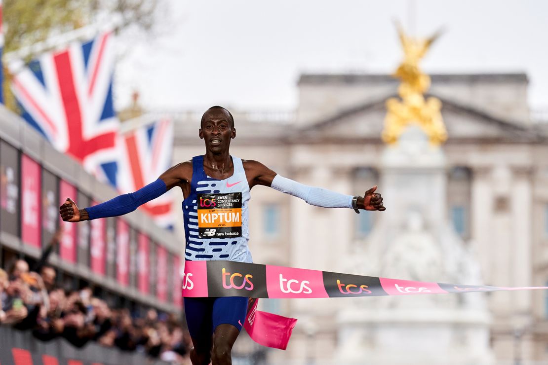 Kiptum celebrates winning the London Marathon last year.