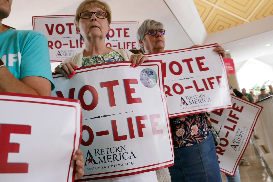 Anti-abortion supporters hold signs as they wait to enter the North Carolina Senate gallery in Raleigh on May 16, 2023.