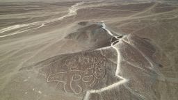 A cat-like Nazca Line geoglyph is seen from above in Nazca, Peru, on May 17, 2023.