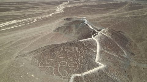 A cat-like Nazca Line geoglyph is seen from above in Nazca, Peru, on May 17, 2023.