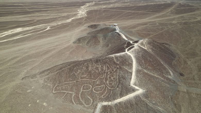 A cat-like Nazca Line geoglyph is seen from above in Nazca, Peru, on May 17, 2023.