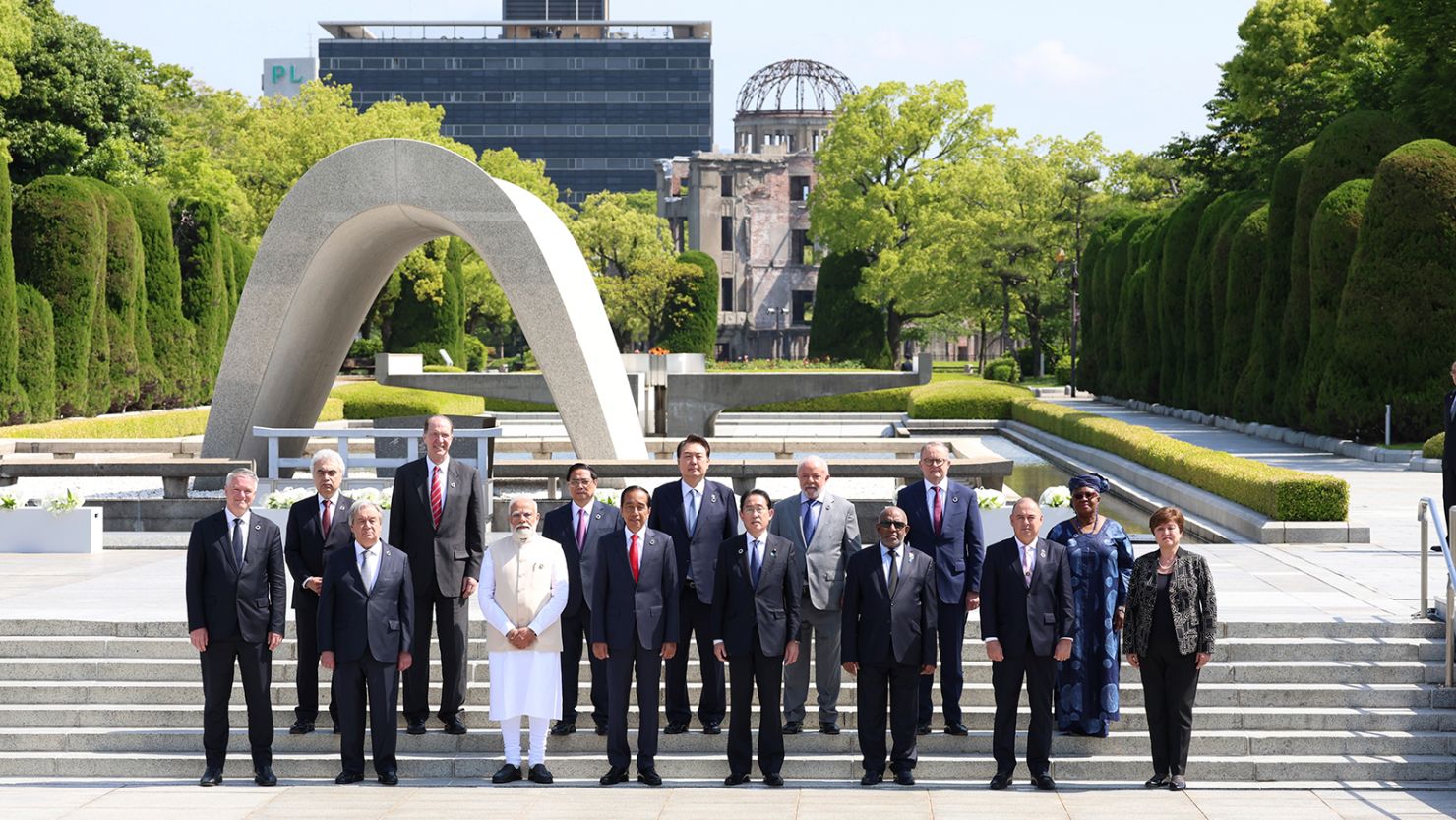 Leaders of the Group of Seven nations, guest countries and international organizations gather at the Hiroshima Peace Memorial Park in Hiroshima on May 21, 2023.