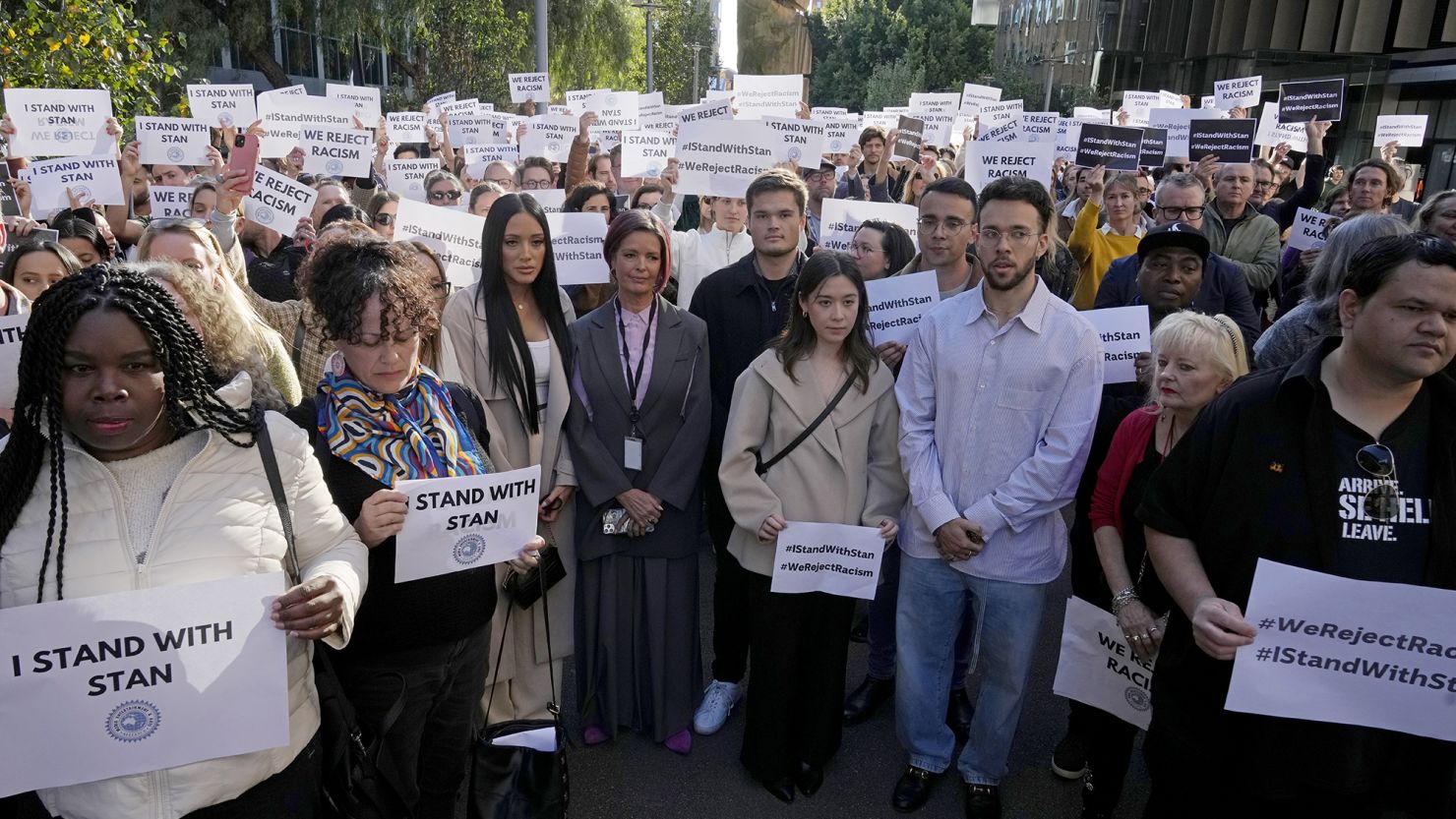 ABC workers and other supporters gather at its Sydney office on May 22, 2023 to support Indigenous Australian journalist Stan Grant, who quit anchoring after viewers responded with racist abuse to his comments during King Charles III's coronation about historic Aboriginal dispossession.