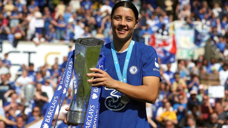 Chelsea's Sam Kerr with the trophy after the Barclays Women's Super League match at the Select Car Leasing Stadium, Reading. Picture date: Saturday May 27, 2023.