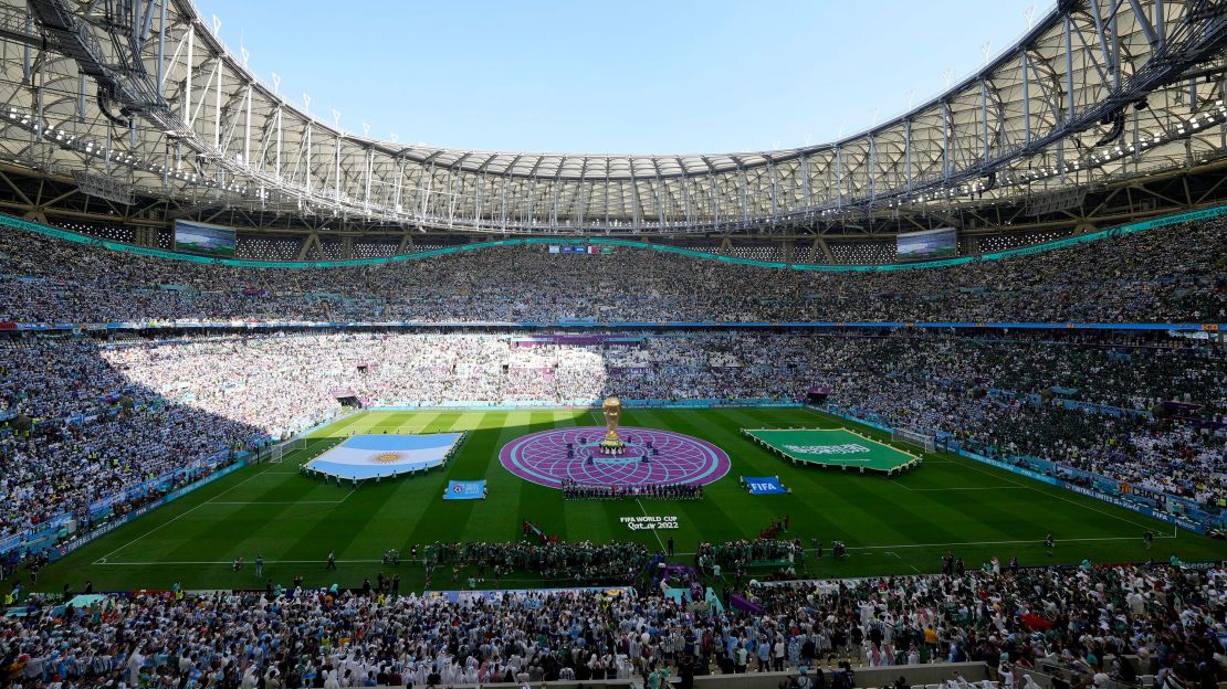 Fans watch pregame ceremonies before the start of the World Cup match between Argentina and Saudi Arabia at the Lusail Stadium in Lusail, Qatar, on November 22, 2022.