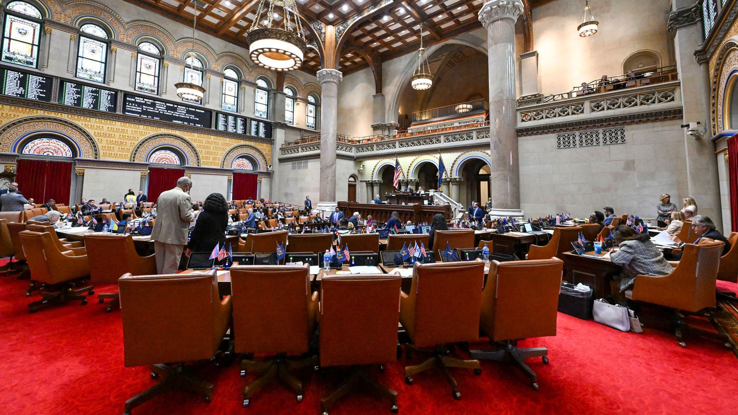 The New York state Assembly members debate legislative bills at the state Capitol in Albany in June.