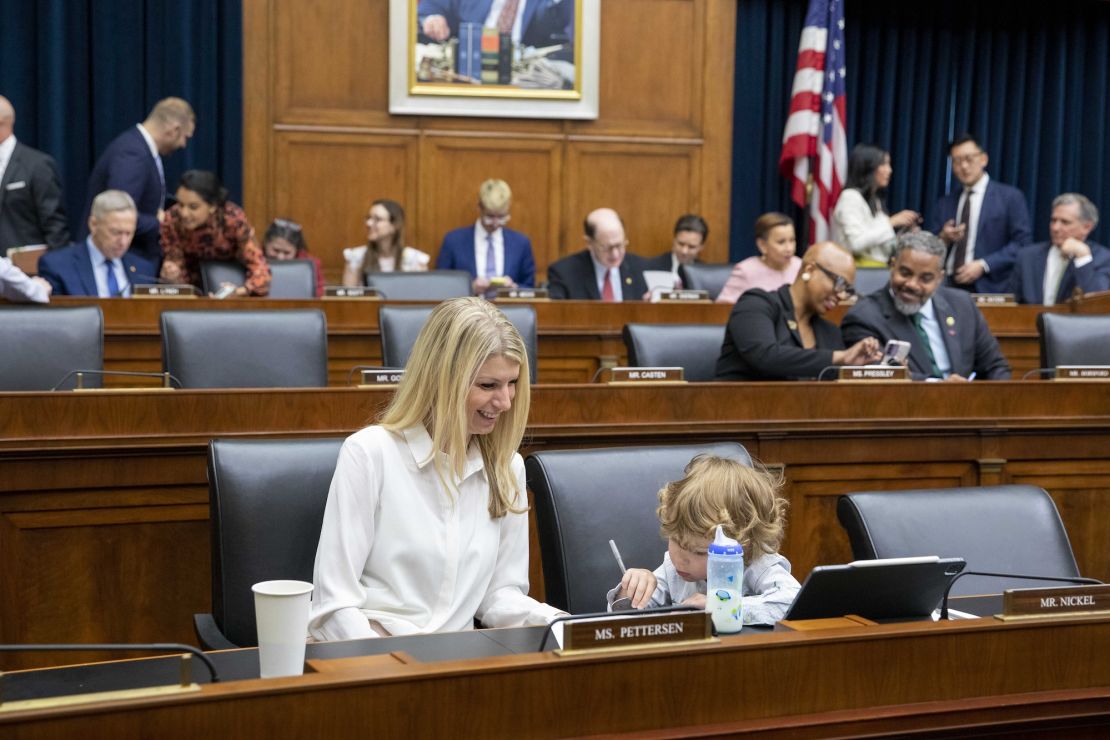 Rep. Brittany Pettersen, a Democrat from Colorado, and her three-year-old son Davis Silverii, attend the House Financial Services Committee hearing regarding the state of the international financial system at the Capitol in Washington on June 13, 2023.