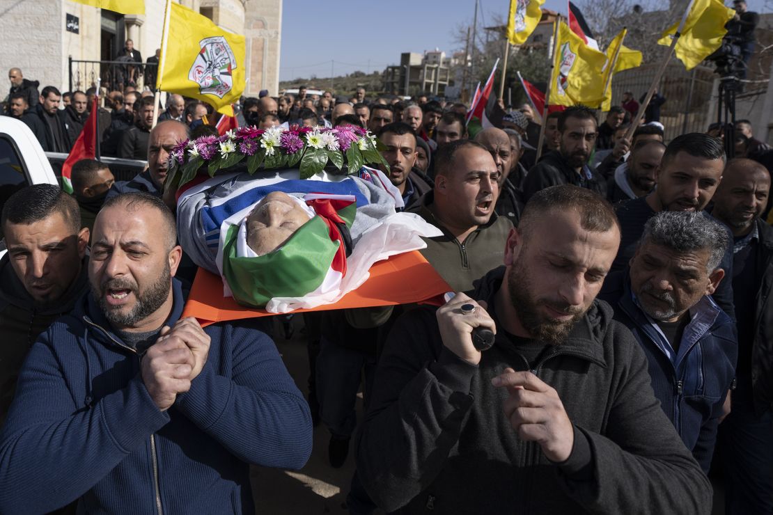 Mourners carry the body of Omar Assad during his funeral in the West Bank village of Jiljiliya, north of Ramallah, on January 13, 2022.