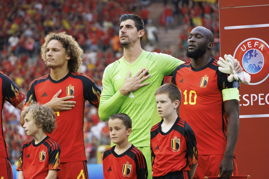 Belgium's Wout Faes, goalkeeper Thibaut Courtois and Belgium's Romelu Lukaku pictured during the national anthem ahead of a soccer game between Belgian national team Red Devils and Austria, Saturday 17 June 2023 in Brussels, the second (out of 8) qualification match for the Euro 2024 European Championships. BELGA PHOTO KURT DESPLENTER (Photo by KURT DESPLENTER/Belga/Sipa USA)(Sipa via AP Images)