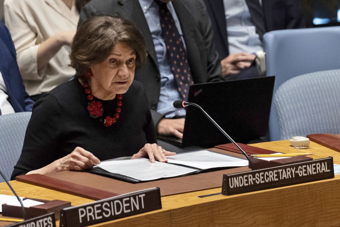 UN Under-Secretary-General for Political and Peacebuilding Affairs Rosemary DiCarlo speaks during a Security Council meeting at United Nations headquarters, Friday, June 23, 2023.