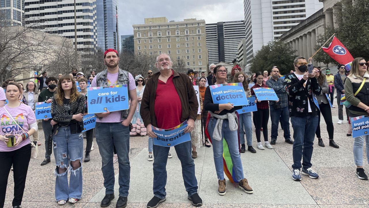 Advocates gather for a rally at the state Capitol complex in Nashville, Tennessee, to oppose a series of bills that target the LGBTQ community on Tuesday, February 14.