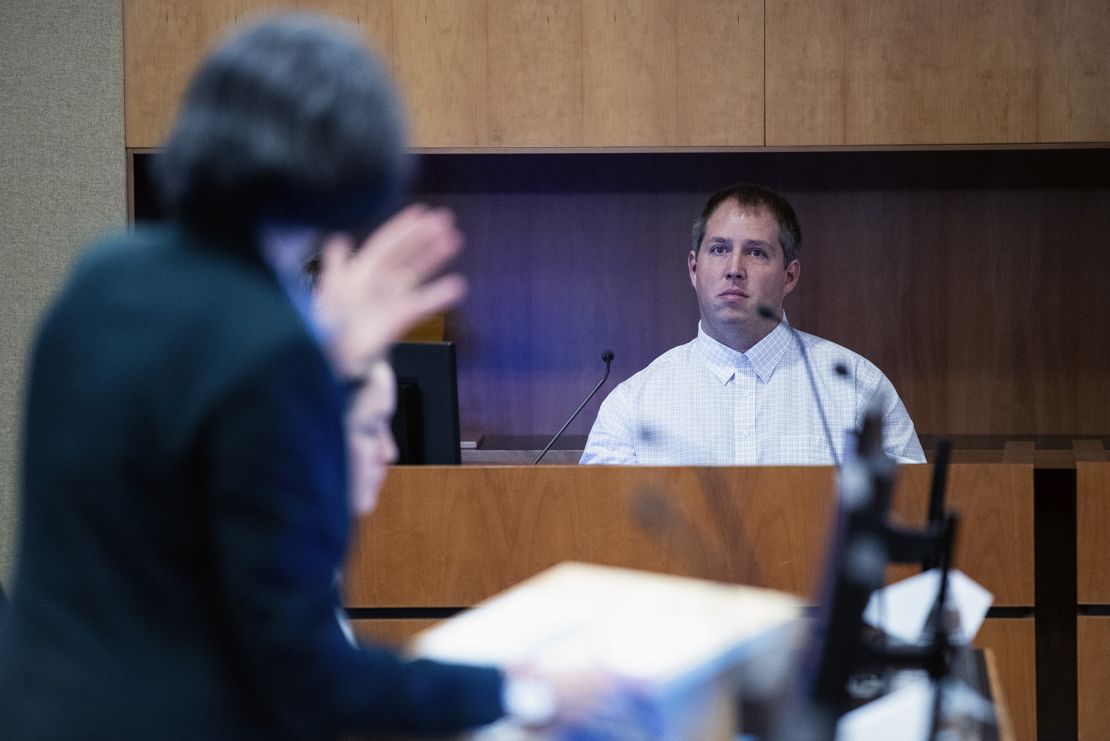American Matthew Urey is seen in the witness box at the Whakaari or White Island, eruption trial at the Auckland Environment Court, in Auckland, New Zealand, Wednesday, July 12, 2023.