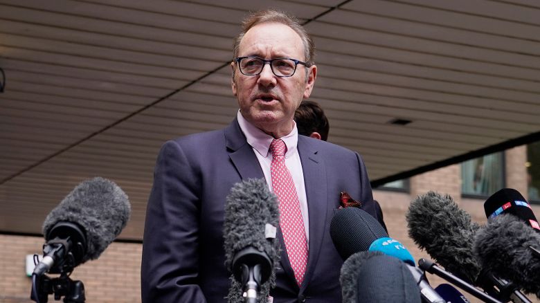Actor Kevin Spacey addresses the media outside Southwark Crown Court in London, Wednesday, July 26, 2023. A Jury cleared Kevin Spacey of nine sex offences. The Hollywood star, 64, had been on trial at Southwark Crown Court accused of sexually assaulting four men in the period between 2001 and 2013.