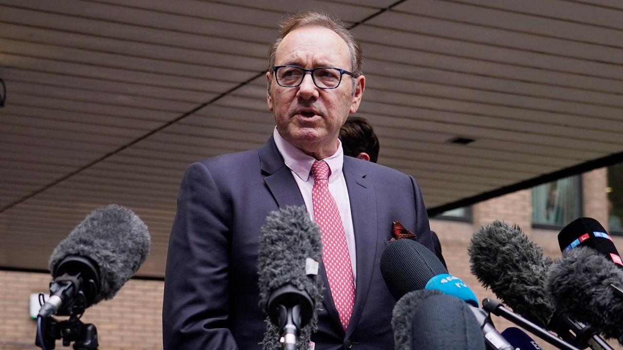Actor Kevin Spacey addresses the media outside Southwark Crown Court in London, Wednesday, July 26, 2023. A Jury cleared Kevin Spacey of nine sex offences. The Hollywood star, 64, had been on trial at Southwark Crown Court accused of sexually assaulting four men in the period between 2001 and 2013.