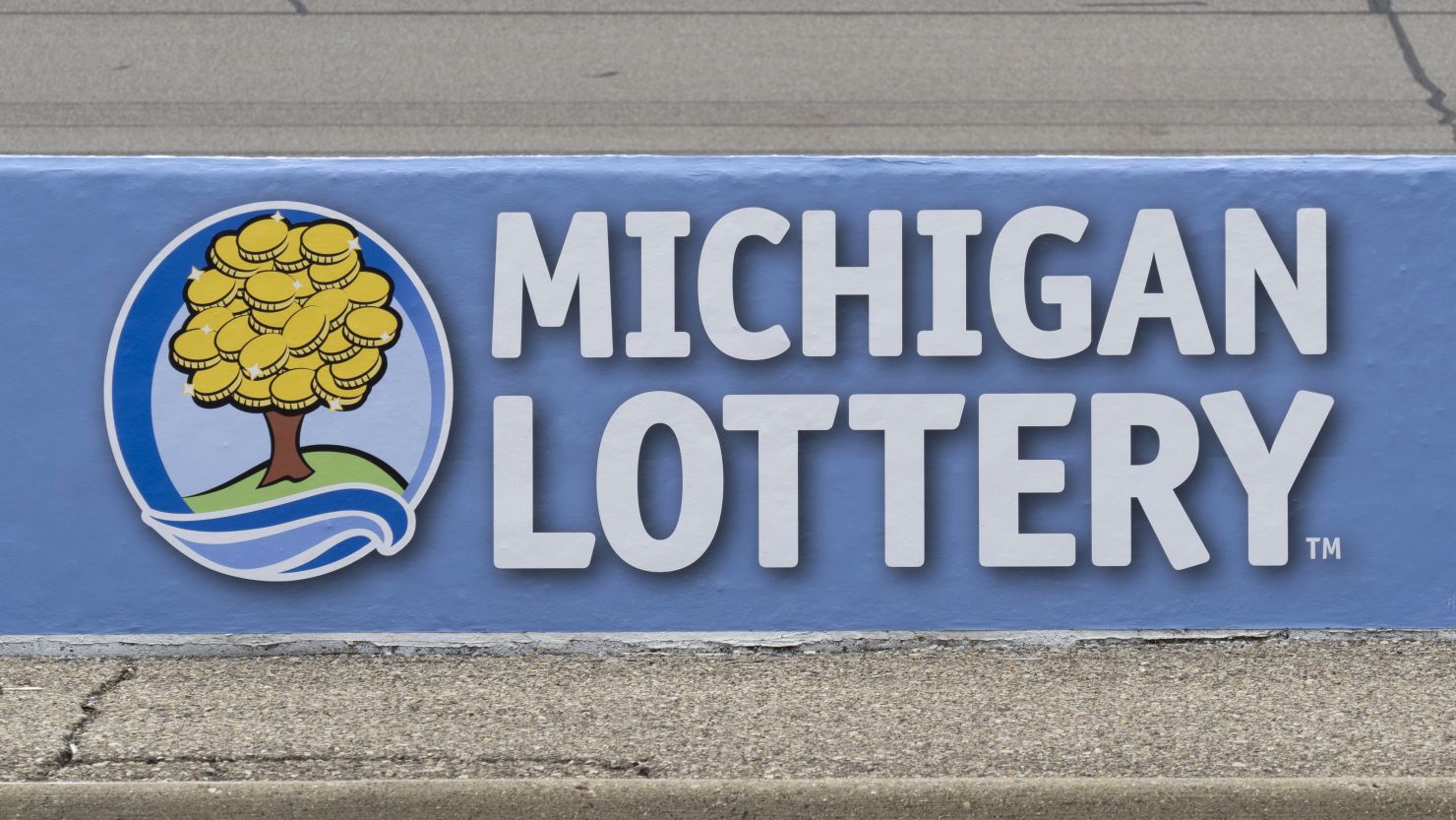 The Michigan Lottery logo is seen at the Michigan International Speedway on August 7, 2023.