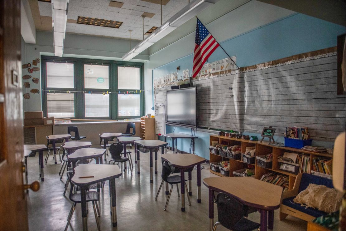 An empty elementary school classroom is seen on Tuesday, Aug. 17, 2021 in the Bronx borough of New York.