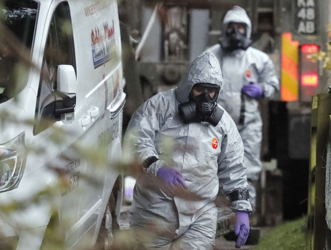 A file photo shows investigators at the scene of the poisoning of Russian ex-spy Sergei Skripal and his daughter Yulia in Salisbury, England.