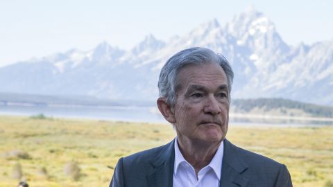 Federal Reserve Chair Jerome Powell takes a break during the Jackson Hole Economic Symposium in Wyoming on August 25, 2023.