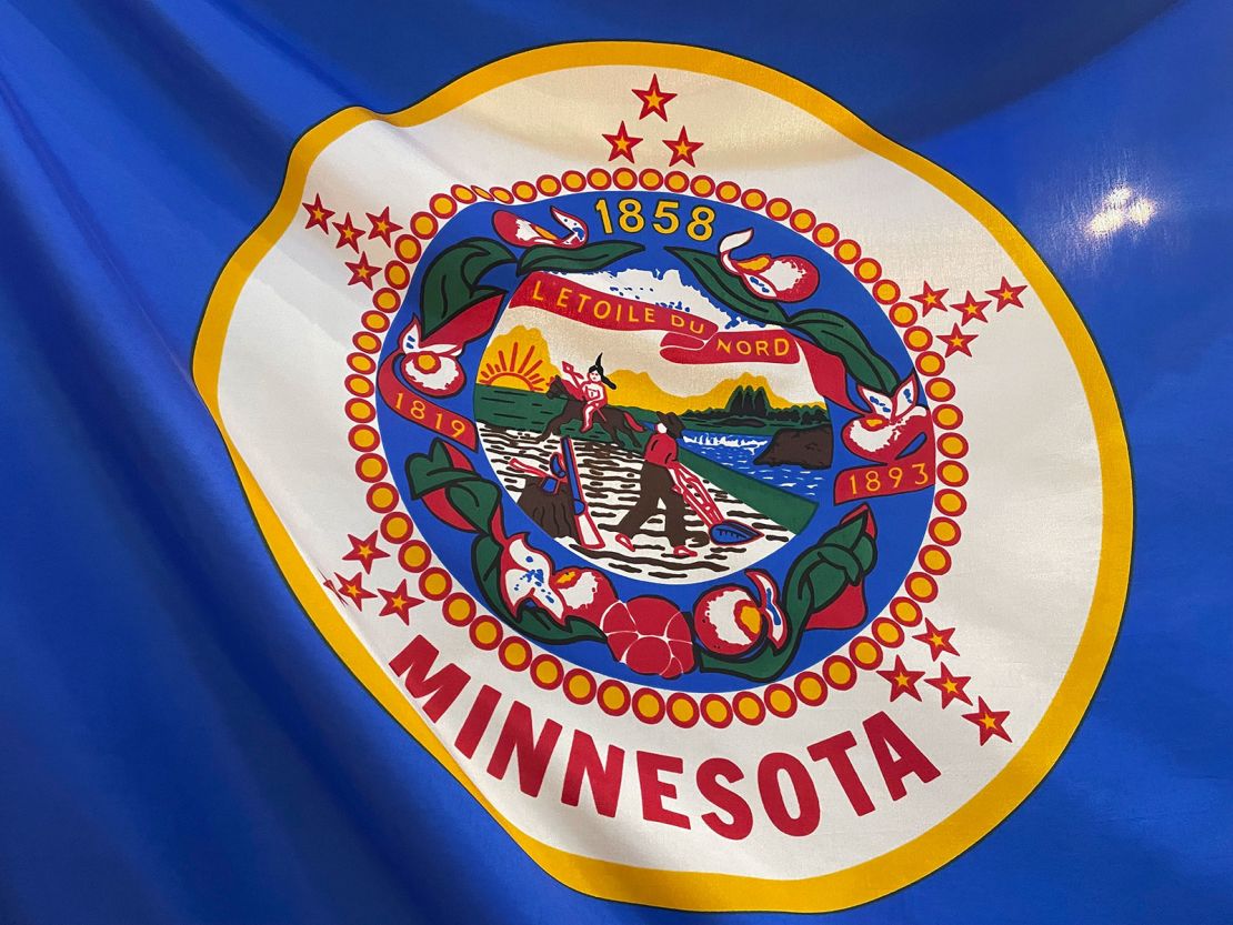 The Minnesota state flag is displayed in the state Capitol building rotunda, March 24, 2022, in St. Paul, Minnesota.