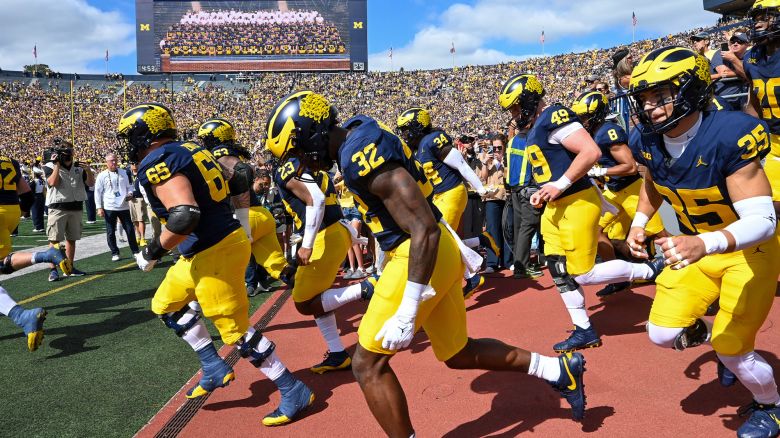 ANN ARBOR, MI - SEPTEMBER 09: The Michigan Wolverines take the field prior to the game between the University of Michigan Wolverines versus UNLV Rebels on Saturday September 9, 2023 at Michigan Stadium, Ann Arbor, MI. (Photo by Steven King/Icon Sportswire) (Icon Sportswire via AP Images)