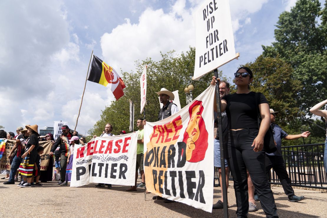 People gather for a rally outside of the White House in support of imprisoned Native American activist Leonard Peltier, on September 12, 2023.