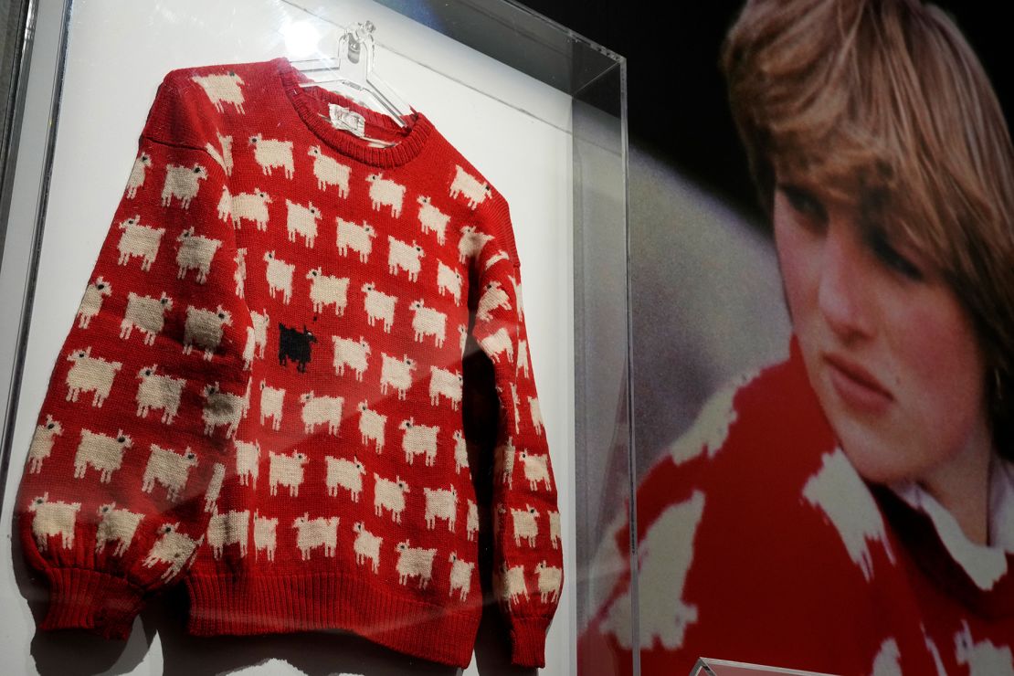 Princess Diana's iconic black sheep jumper on display at Sotheby's in London on July 17, 2023.