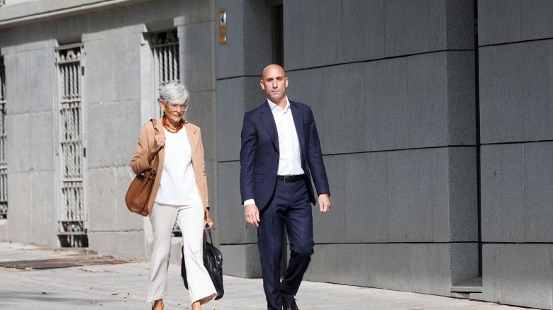The former president of the Royal Spanish Football Federation (RFEF), Luis Rubiales and his lawyer Olga Tubau, on his arrival to testify at the Audiencia Nacional, on September 15, 2023, in Madrid, Spain.