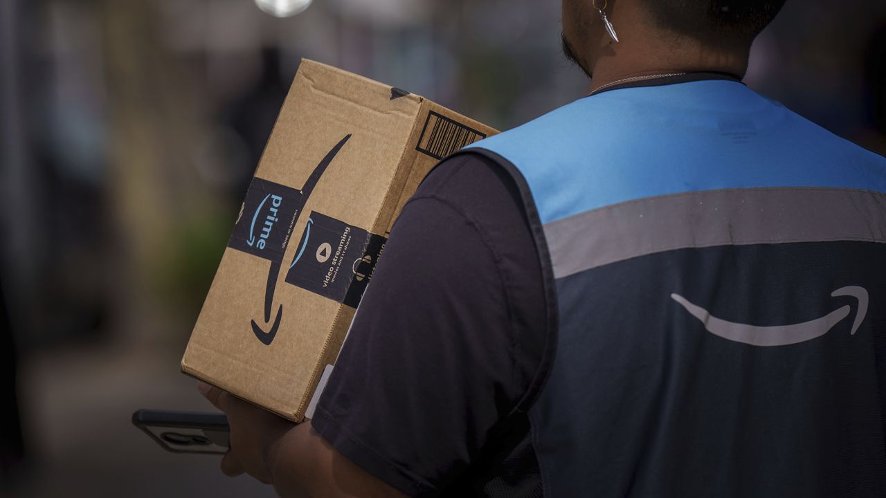 The Amazon Prime logo, taken on a package carrier in Manhattan, New York, on September 16.