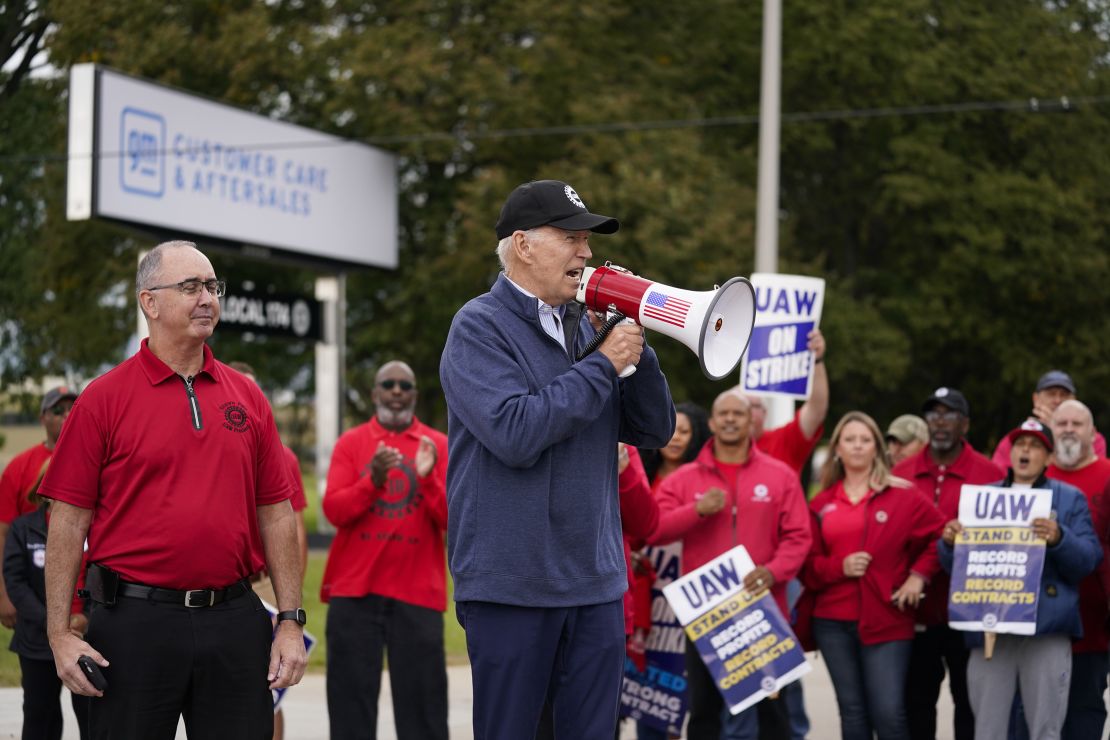 President Joe Biden joins striking United Auto Workers on the picket line on September 26, 2023, in Van Buren Township, Michigan.