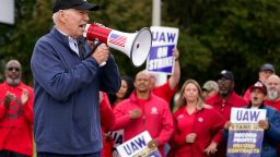 President Joe Biden joins striking United Auto Workers on the picket line, Tuesday, Sept. 26, 2023, in Van Buren Township, Mich. (AP Photo/Evan Vucci)