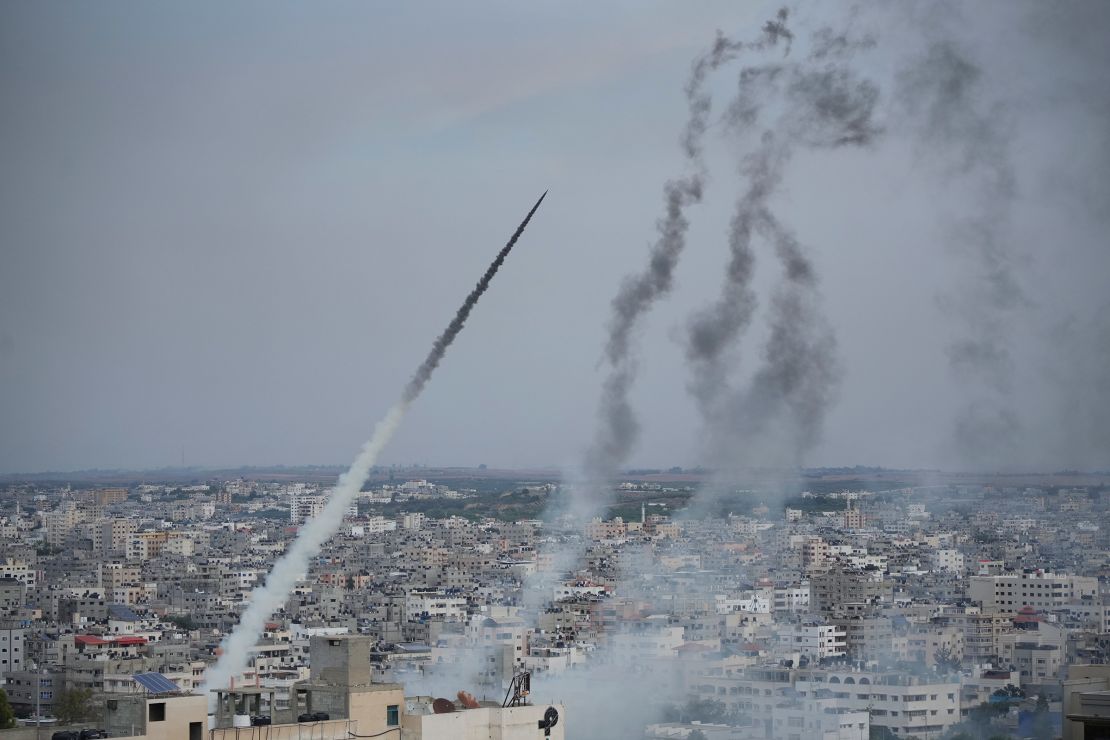 Rockets are launched by Hamas from the Gaza Strip towards Israel on October 7, 2023.