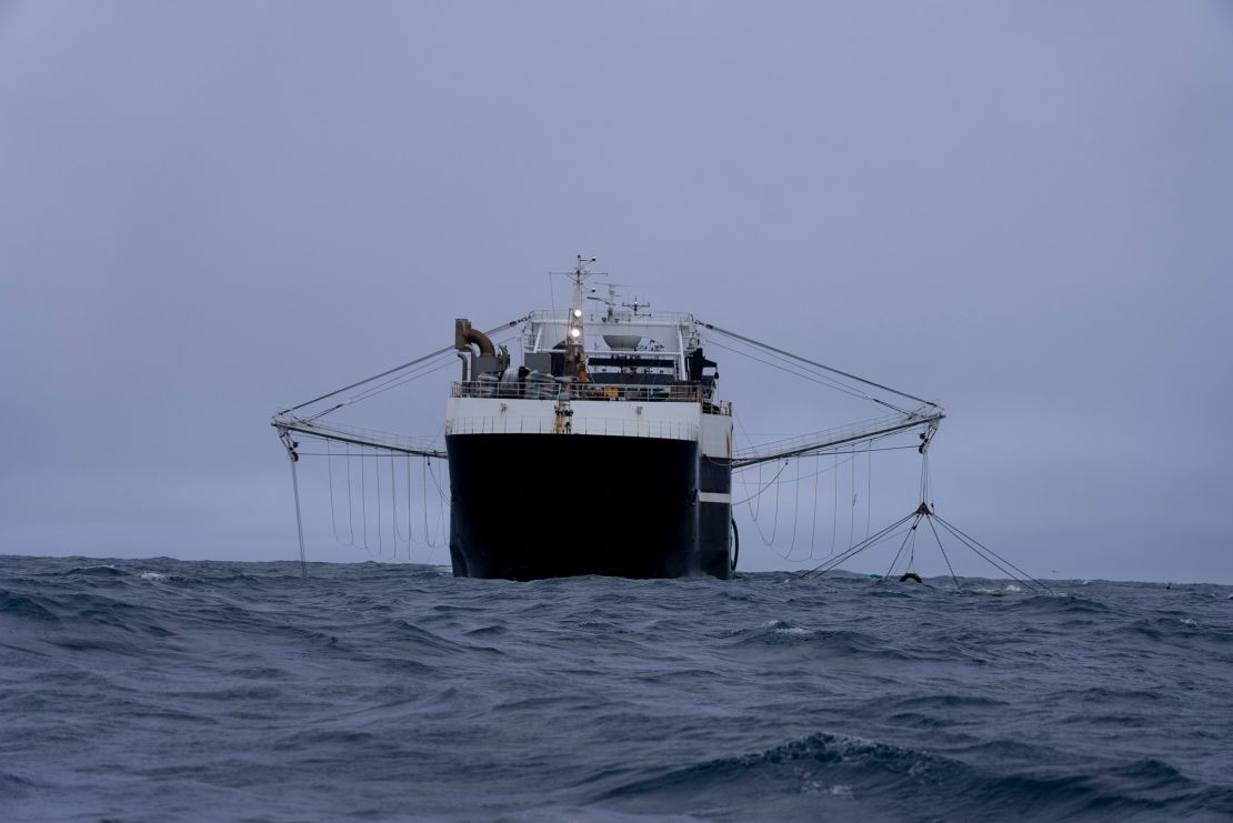 The Norwegian Aker BioMarine's Antarctic Sea trawls for krill in the Southern Ocean off the coast of the South Orkney Islands, north of the Antarctic Peninsula, on March 10, 2023.