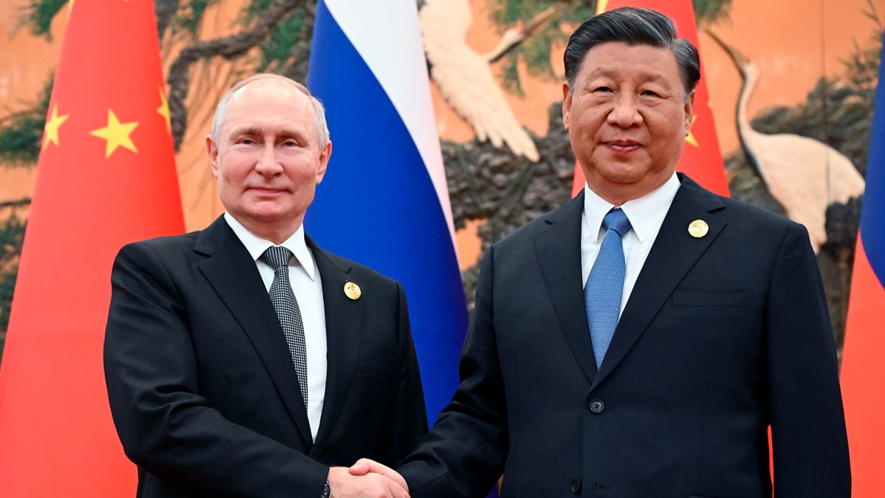 Chinese President Xi Jinping, right, and Russian President Vladimir Putin pose for a photo prior to their talks on the sidelines of the Belt and Road Forum in Beijing, China, on Wednesday, Oct. 18, 2023.